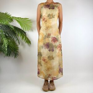 Vintage 90s Cottagecore Tan Floral Coastal Grandma Sleeveless Midi Dress / Sz: 8